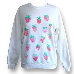 Special Thanks Womens Sweatshirt Sz Small White Pink Strawberry Print Kawaii